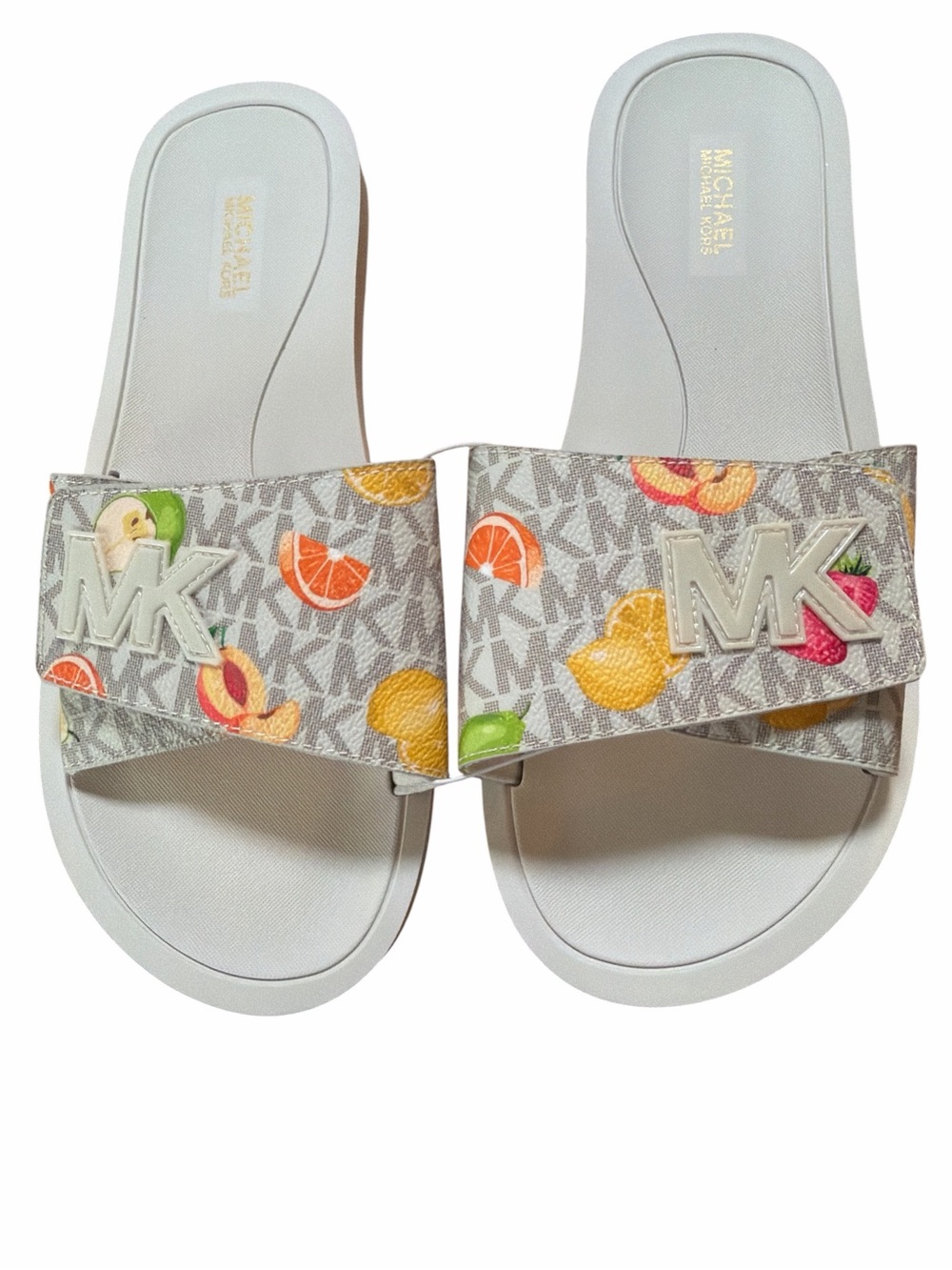 Michael Kors Palmer Slide Sandals Womens 9 Vanilla Fruit MK Logo